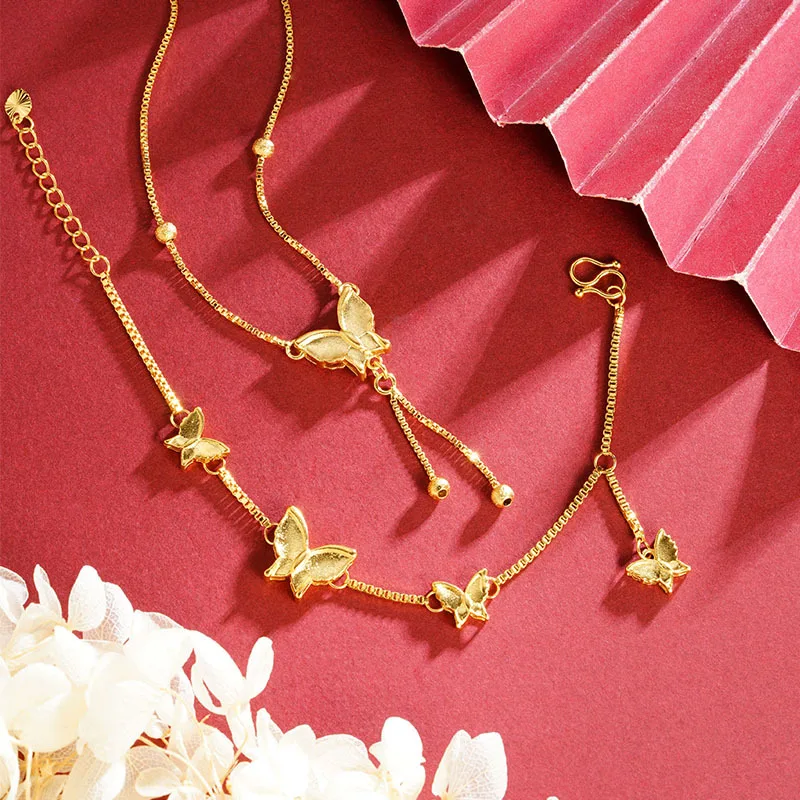 

Luxury 24K 9999 Pure Gold real gold Women's Frosted Butterfly Necklace Women Bracelet