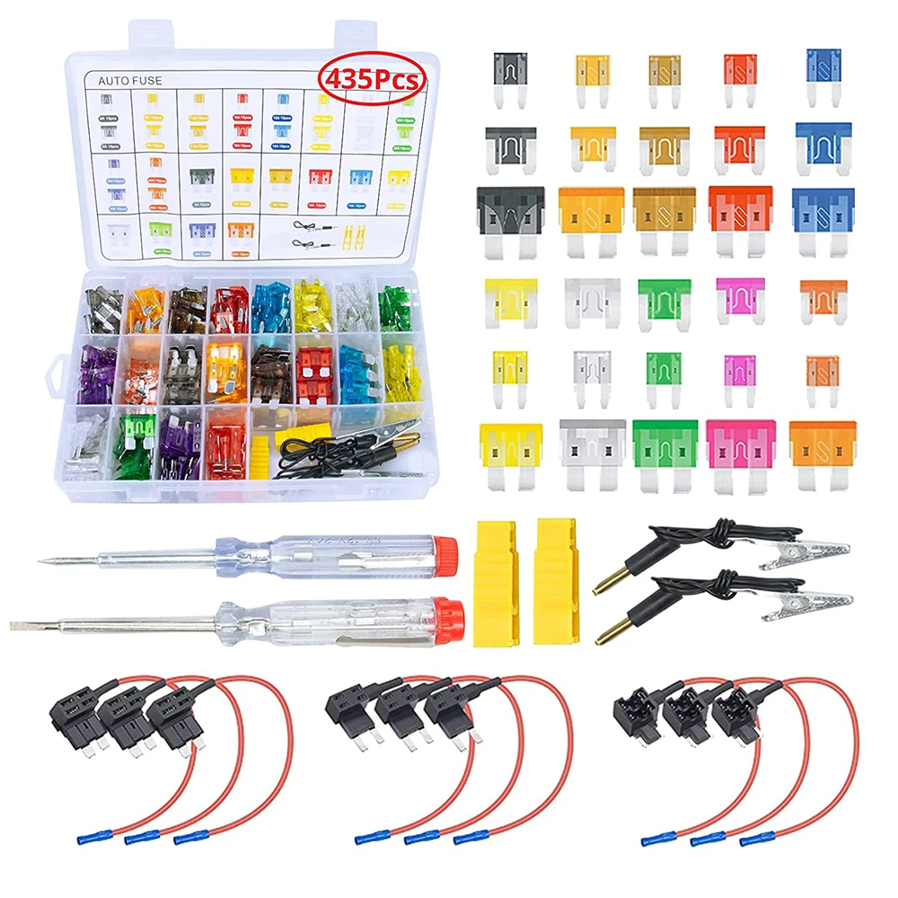 

435 Pieces Car Fuse Blade Zinc Combination Kit Car Medium/Small/Mini Blade Set with Fuse Tape Check Circuit Electric Pen