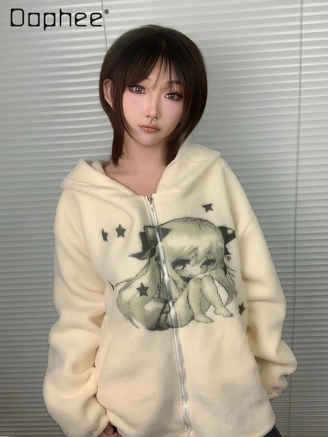 Fleece Mit Kapuze Frauen Japanischen Cartoon Druck Dicke Warme Zipper Langarm Sweatshirts Y2k Casual Jacke Kawaii Outwear