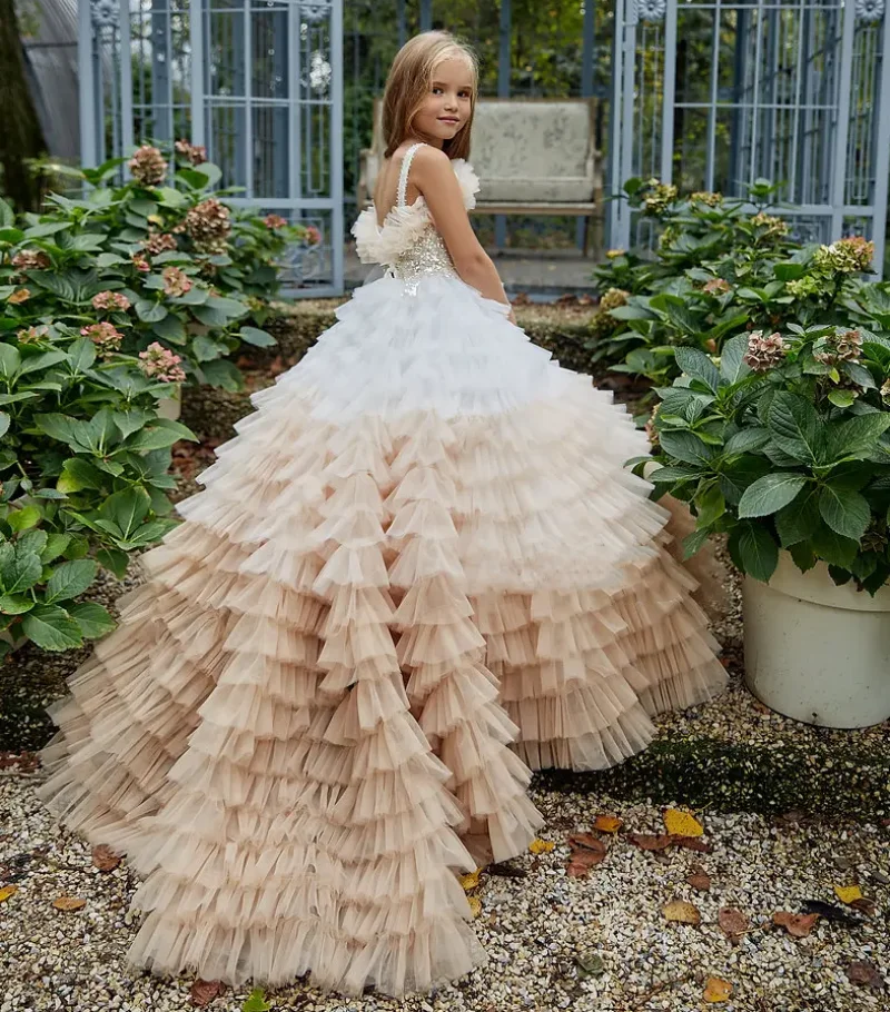 Ball Gown Champagne Puffy Flower Girl Dresses Off the Shoulder Children Birthday Party Gowns Kids First Communion Dresses