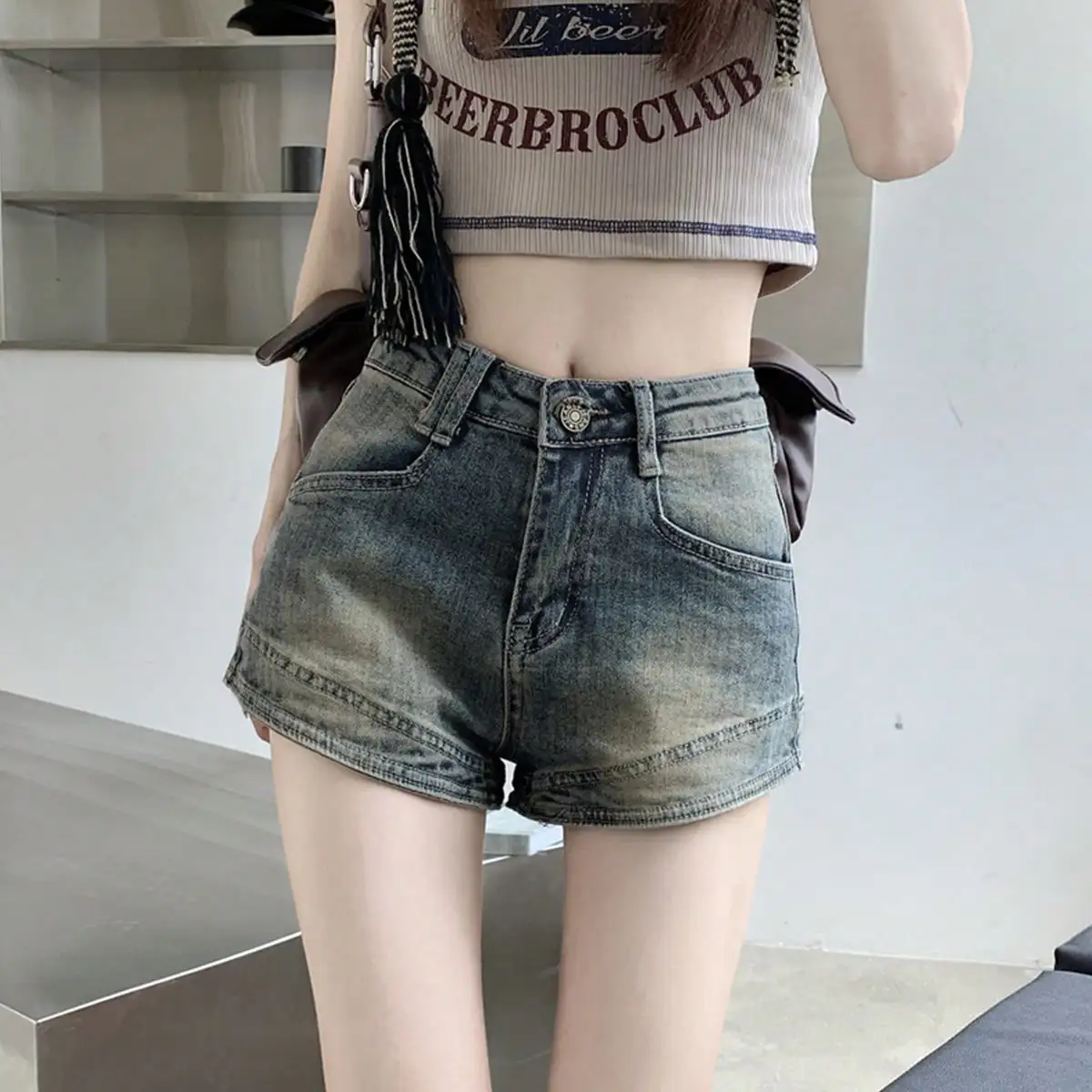 

Korean Chic Summer Sexy Style High-Waisted Hip-Lifting Denim Shorts Elastic Slimming Look Slimming Look A-Line Wide-Leg Hot Pants for Women