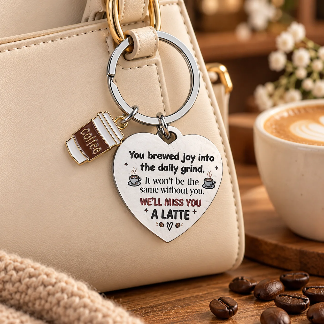 Coffee Lover Inspirational Keychain, Heart Engraved Key Ring with Coffee Cup Enamel Charm, Coworker Leaving Farewell Gift