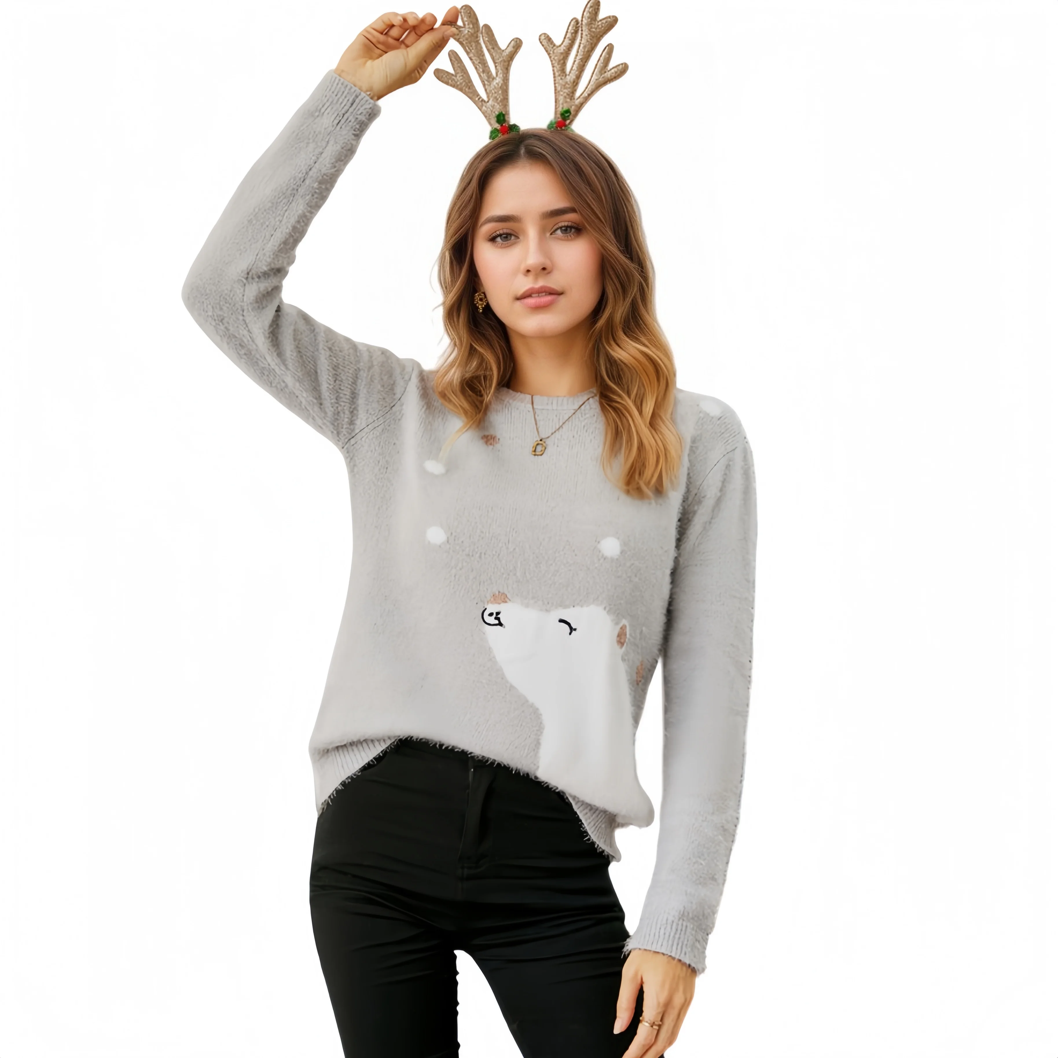 Winter Women's Christmas Sweater Festive Pullover Knitwear Fashion Cartoon Embroidered Knitted Sweater