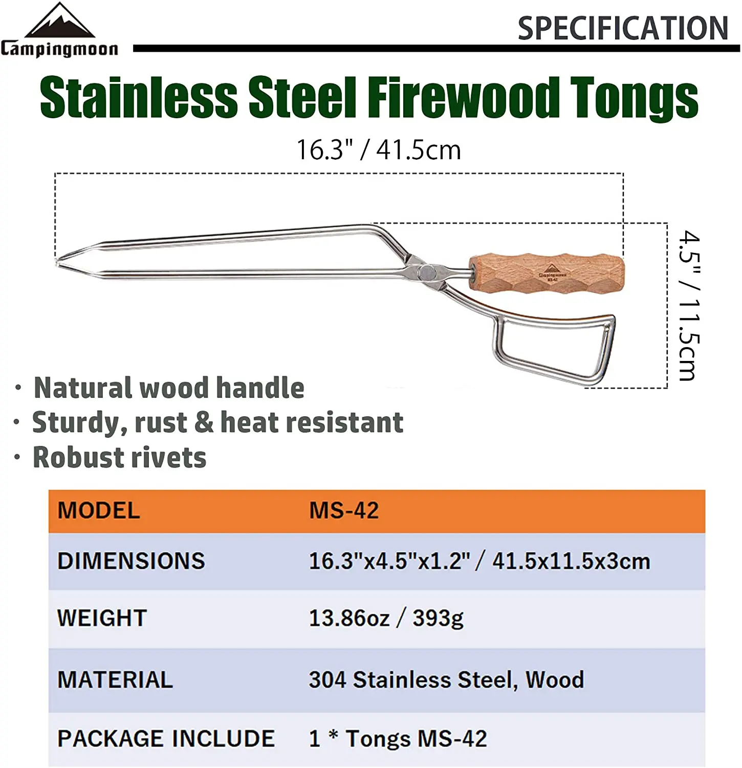 CAMPINGMOON MS-42 الفولاذ المقاوم للصدأ ملقط الشواء في الهواء الطلق الطبخ الفحم أدوات شوي 41.5x11.5x3 سنتيمتر ملقط معدني للتخييم