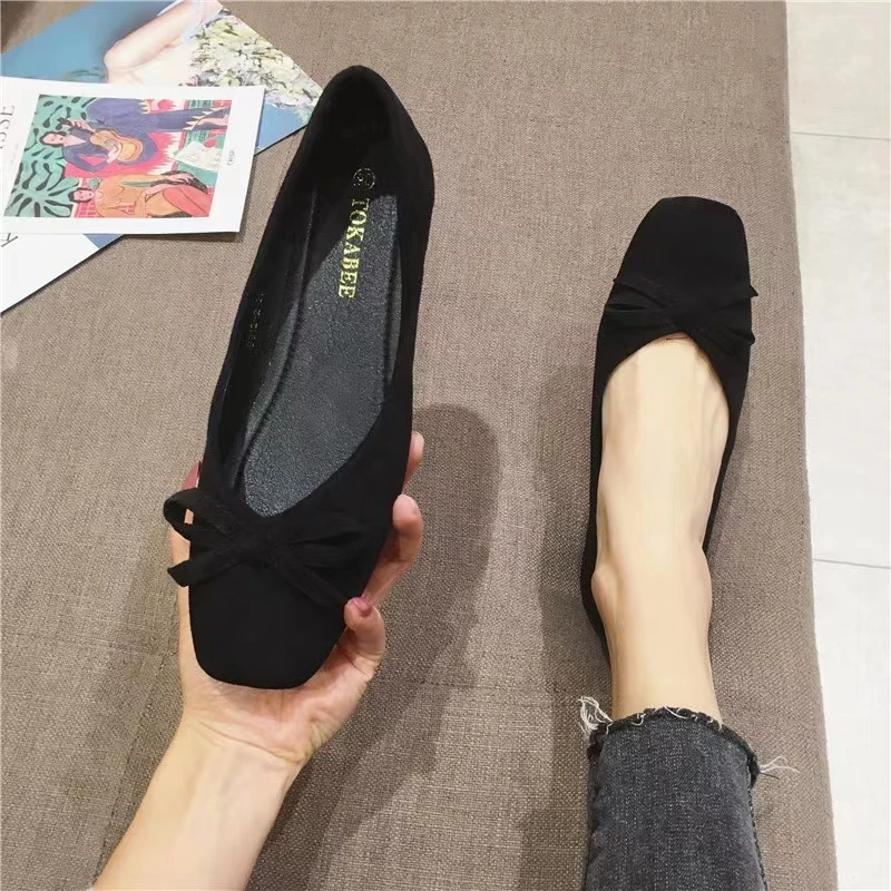 Women Flats Black Flat Shoes Dressy Comfort Summer Spring Casual Shoe Female Walking Shoes Square Toe Size 31-46 Bowknot Loafers