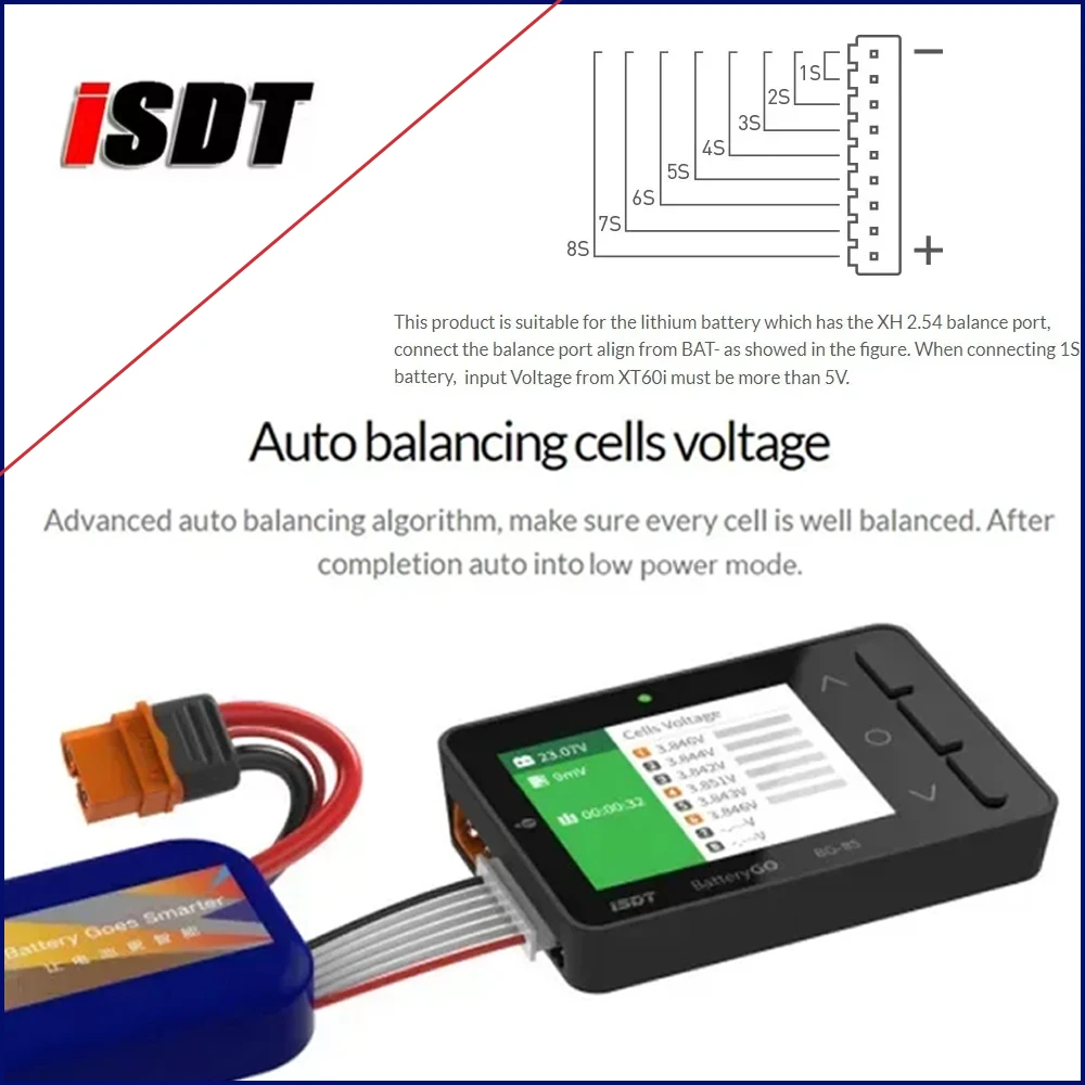 

ISDT BattGo BG-8S Smart Battery Checker и тестер балансировочного приемника с быстрой зарядкой поддерживает LiHv LiPo Lilon LiFe NiMh/Cd