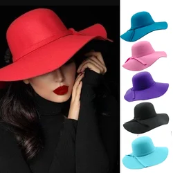 2023 jesienno-zimowa kapelusz z dużym rondem w stylu Vintage kobiety eleganckie filcowy kapelusz Fedora szerokim rondem czapka przeciwsłoneczna fedory w stylu brytyjskim czuły się kapelusz z dużym rondem s