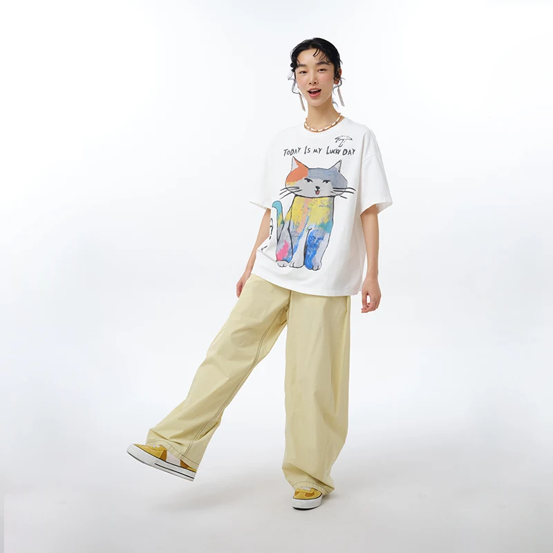 MOVEUP Casual Straight Pants 2026 Summer New Pocket Elastic Back Waistband Fun Woven Label Loose Trousers For Women 325220114