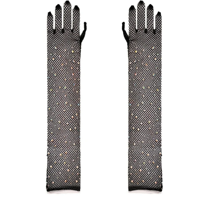 High elasticity diamond studded fishing net gloves, hot pressed and sexy nightclub long sleeves, colored diamonds