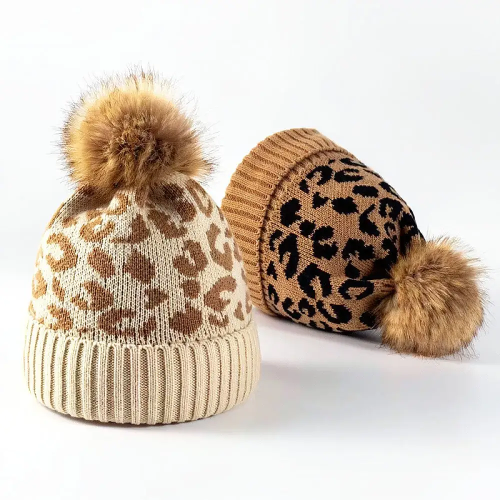 Winter Leopard Pattern Knit Beanie Hat Women Fashion Warm Cap Thickened Outdoor Casual Pompon Bonnet Trendy Soft Headwear Gift