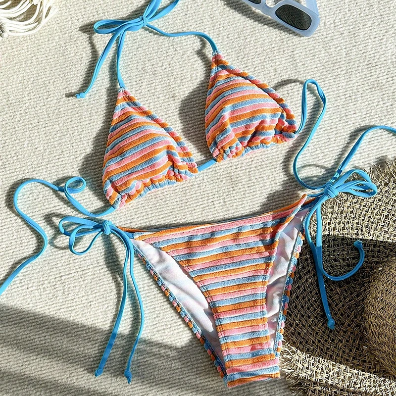 Sexy triângulo biquíni 2026 feminino colorido listrado biquinis dividir maiô verão rendas até maiô beachwear