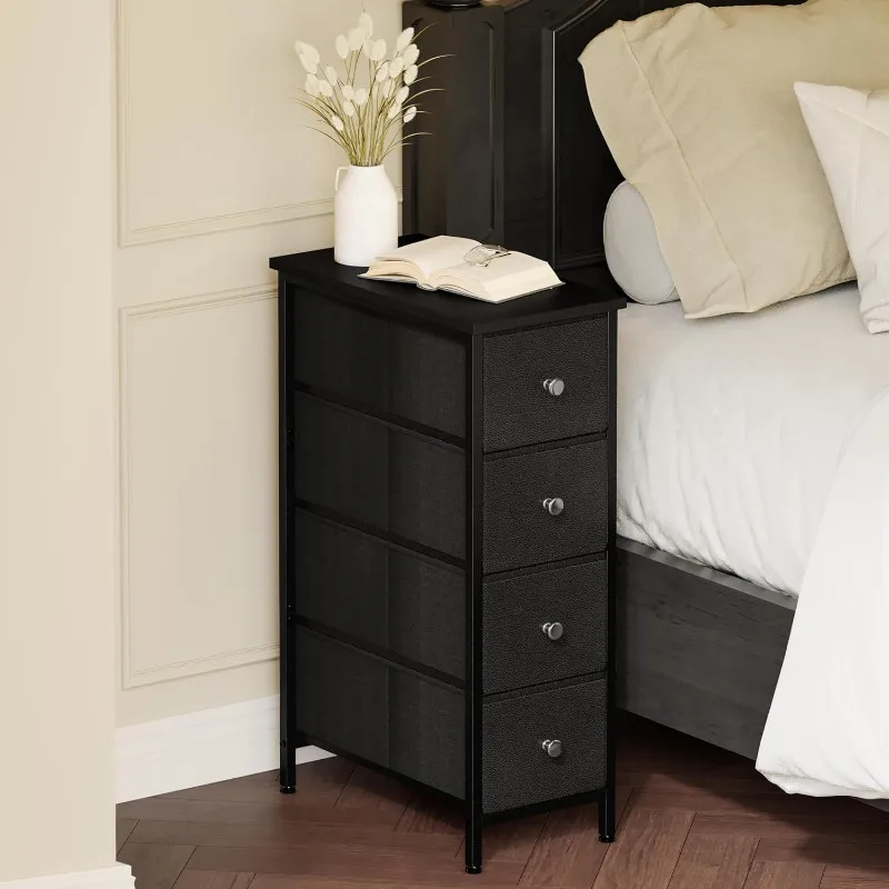 Narrow Storage Cabinet, Dresser with 4 Drawers, Slim Fabric Dresser Storage Tower for Small Spaces, Black Dresser with St