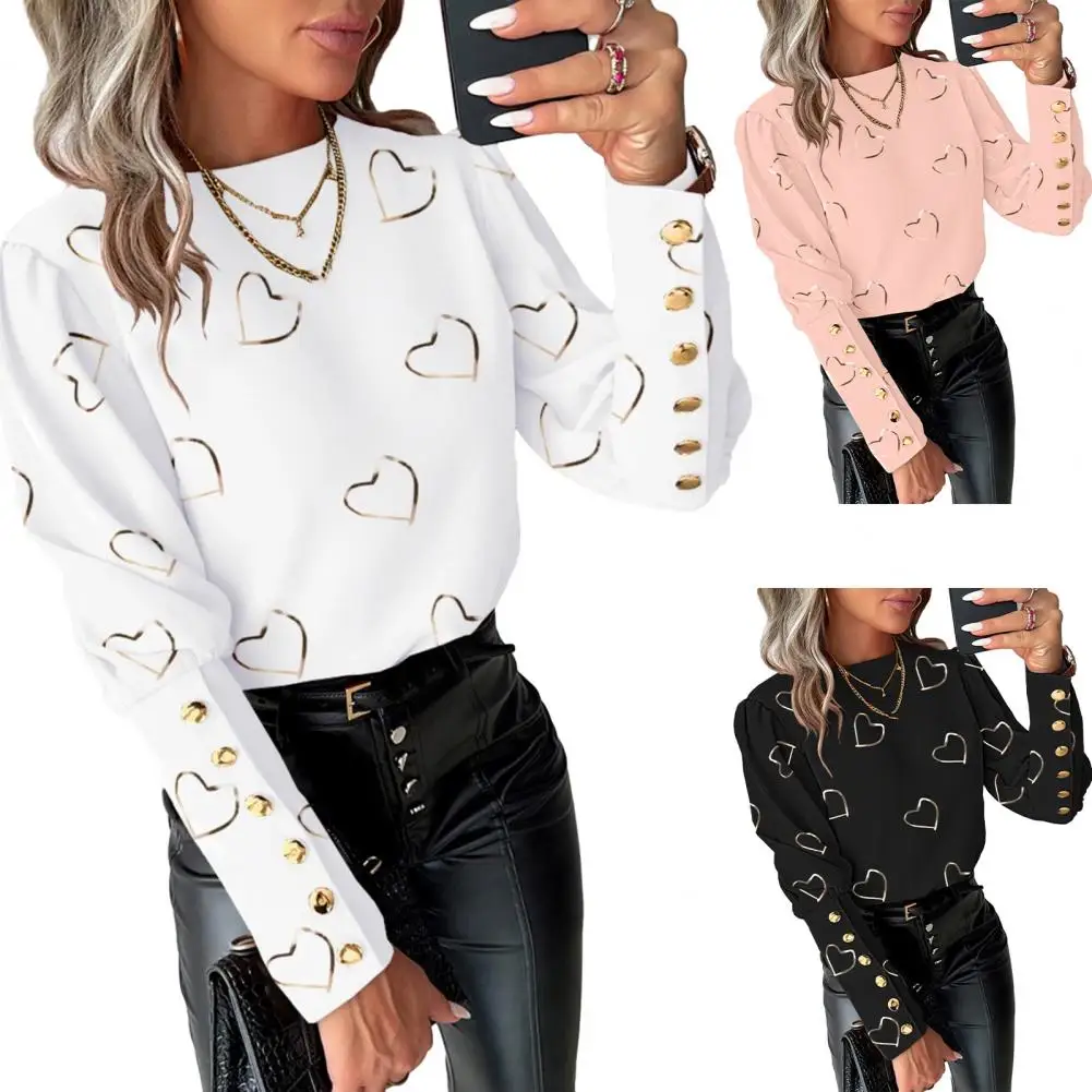 Women Button Shirt Heart Print Long Sleeve Blouse Commute Style Shirt with Button Decor Office