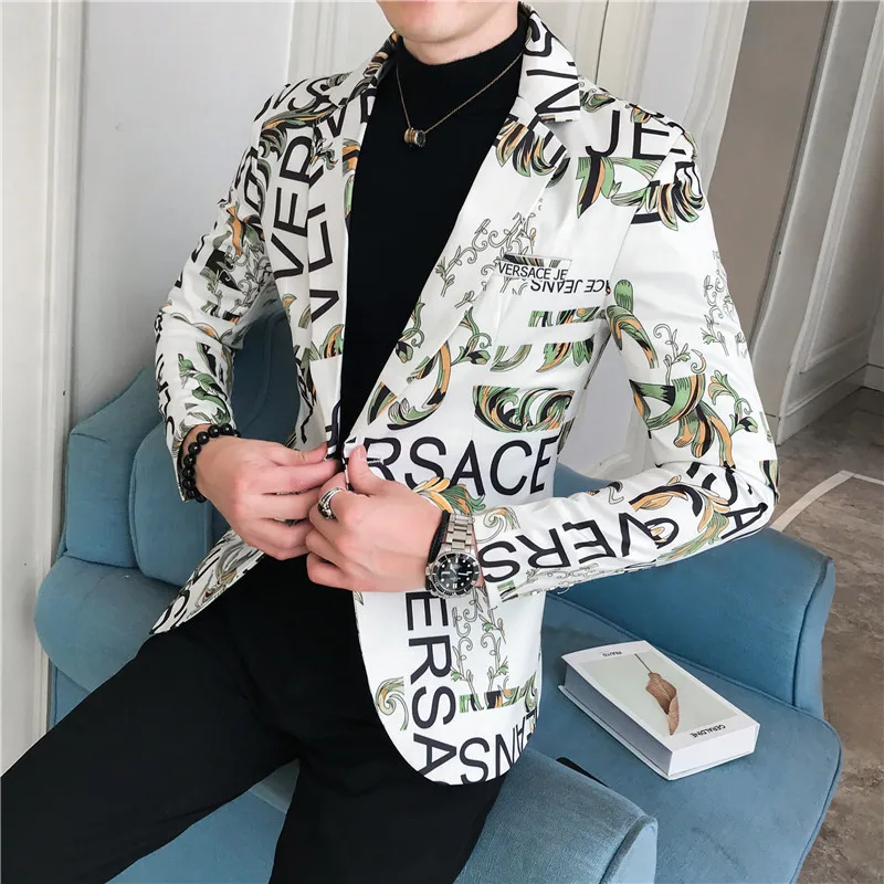 2022 spring and autumn men\'s personality trend printing slim button suit trendy small suit jacket men