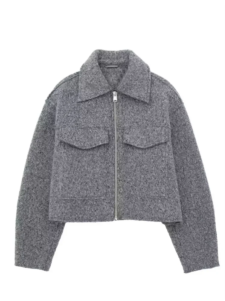 

Knit Fashion Warm Jackets Coat Women's Zipper Pocket Solid Lapel Loose Commute Stitch Sweatshirt Female Autumn Jackets New