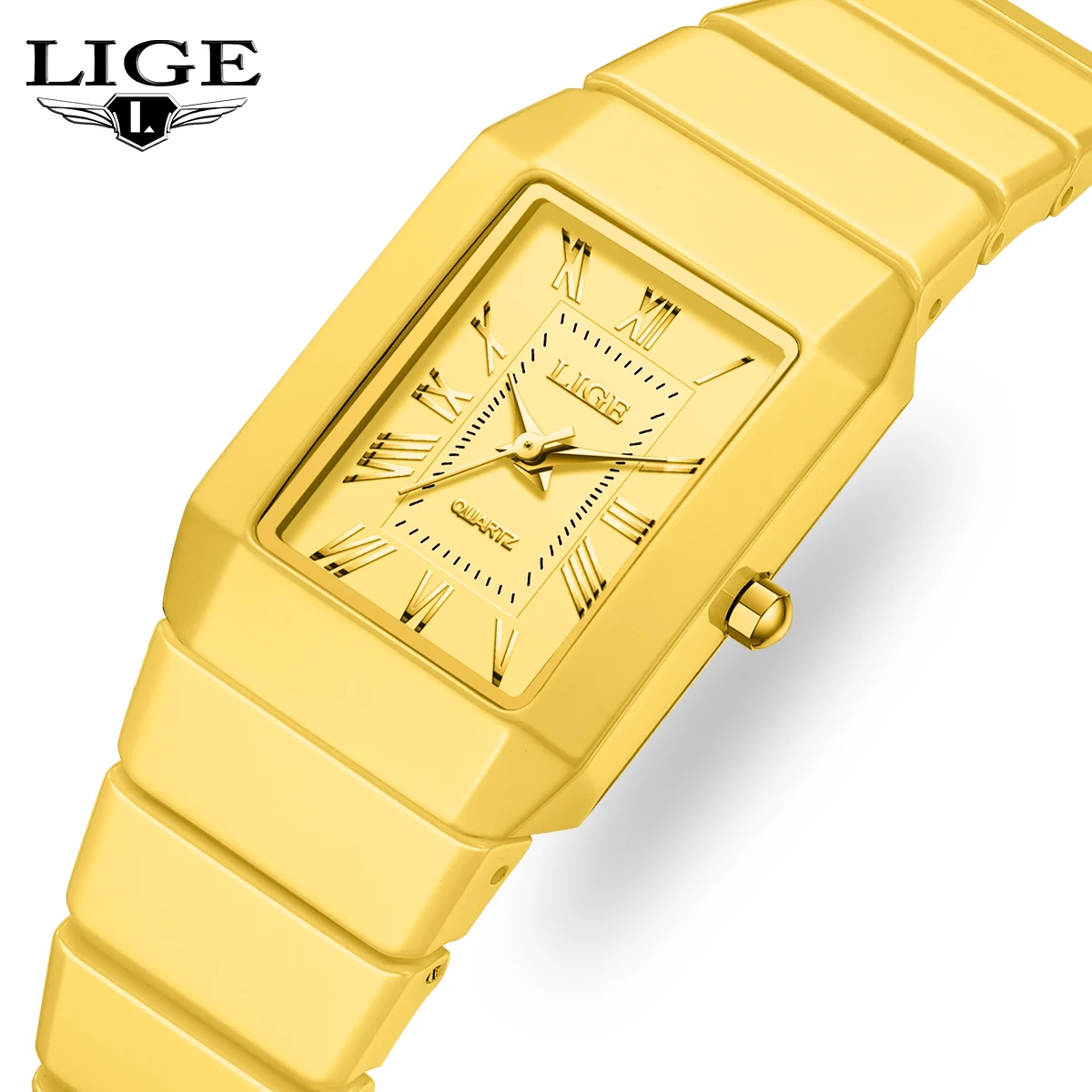 LIGE ゴールデンウーマンウォッチゴールデンフルセラミッククォーツ腕時計ローマ数字ダイヤルファッション腕時計女性用モントレファム