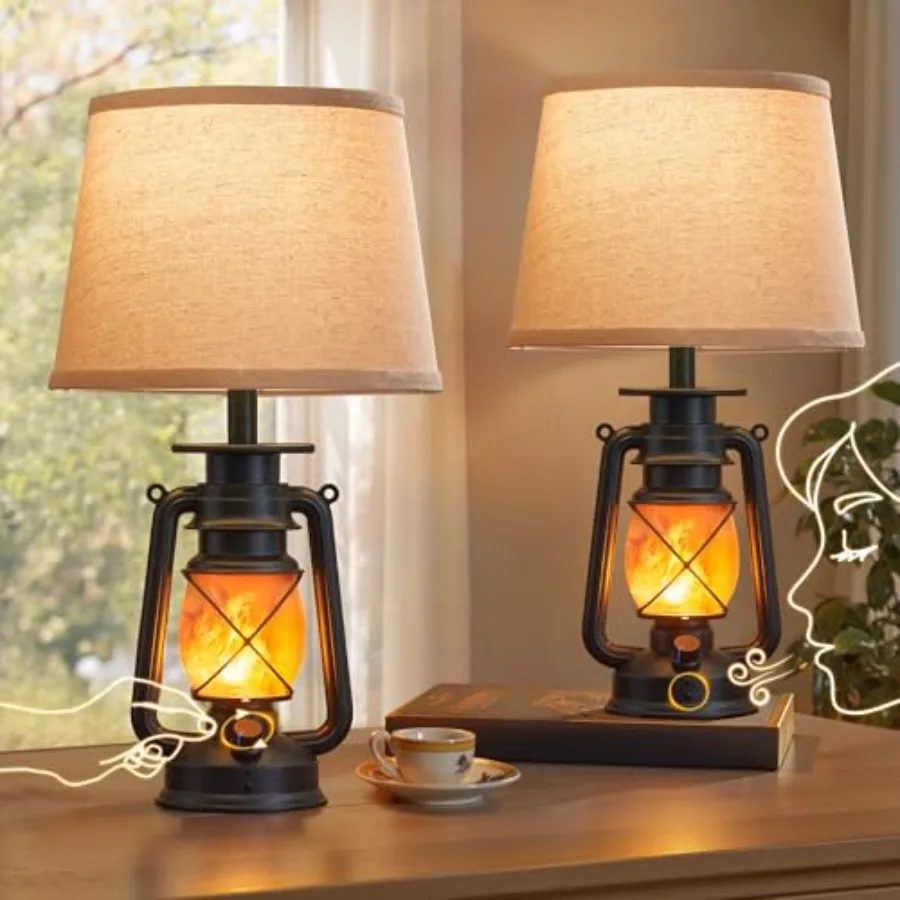 

18.72" Blow-Controlled LED Lantern Flickering Flame Table Lamps for Bedrooms Set of 2, Small Farmhouse Rustic End Table Lamps,