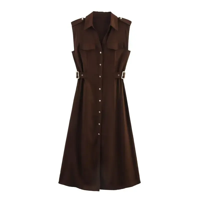 

Women's Vintage Linen Midi Dress Summer Comfortable Solid Color Lapel Single-Breasted Belt Fashion Commuter Robe Dress