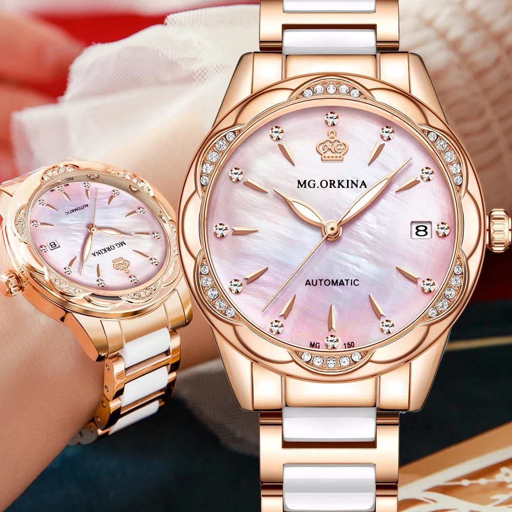 MG ORKINA Automatic Watch for Women Date Mechanical Luxury Pearl Mother Diamond Elements Ladies Dress Wristwatches Gift for Wife