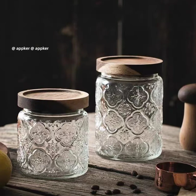 KEMORELA Vintage Glass Jar Canister Storage with Seal Wooden Lid Retro Design Wood Glass Airtight Canister Embossed Container