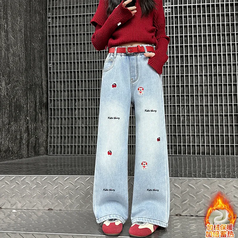 

Girls' Light Blue Embroidered Wide-leg Pants, Fashionable Fleece-lined Denim Pants, Winter Denim Long Pants, New Arrival for2026