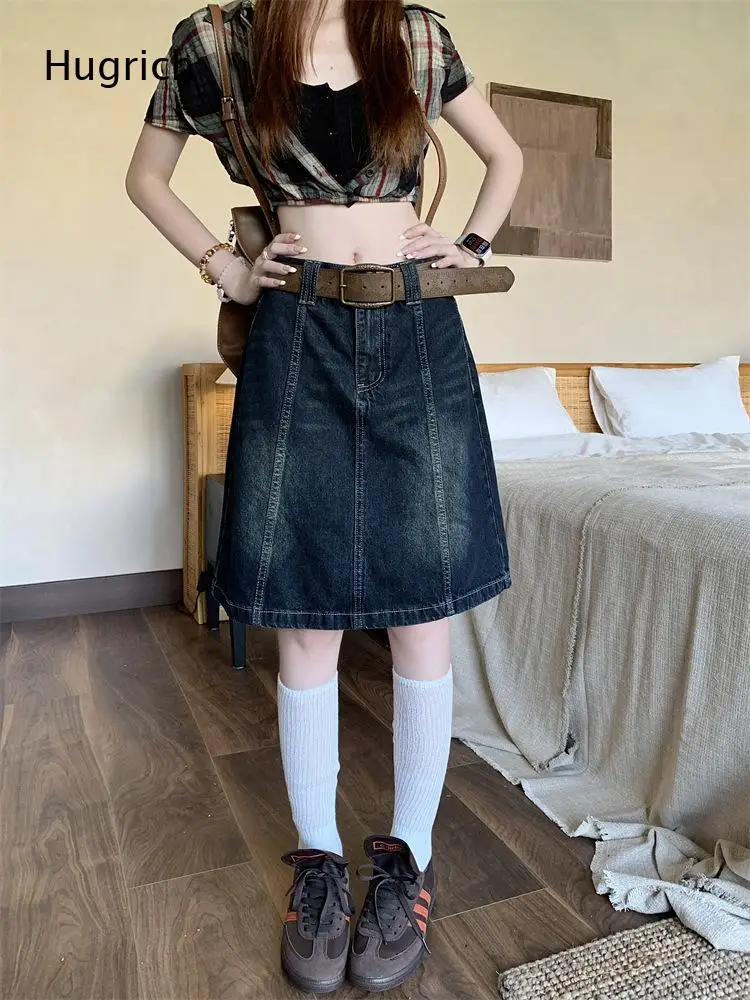 Streetwear Vintage A Line Denim Midi Skirt High Waist Loose Fit Vertical Stitch Mid Length Jean Skirt With Belt