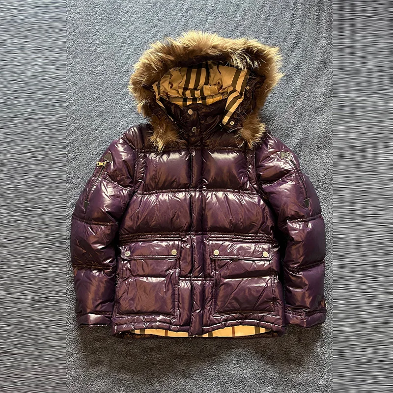 Elegante manga destacável para baixo jaqueta feminina couro brilhante gola de pele acolchoado casaco de algodão 2025 nova moda inverno senhora outwear