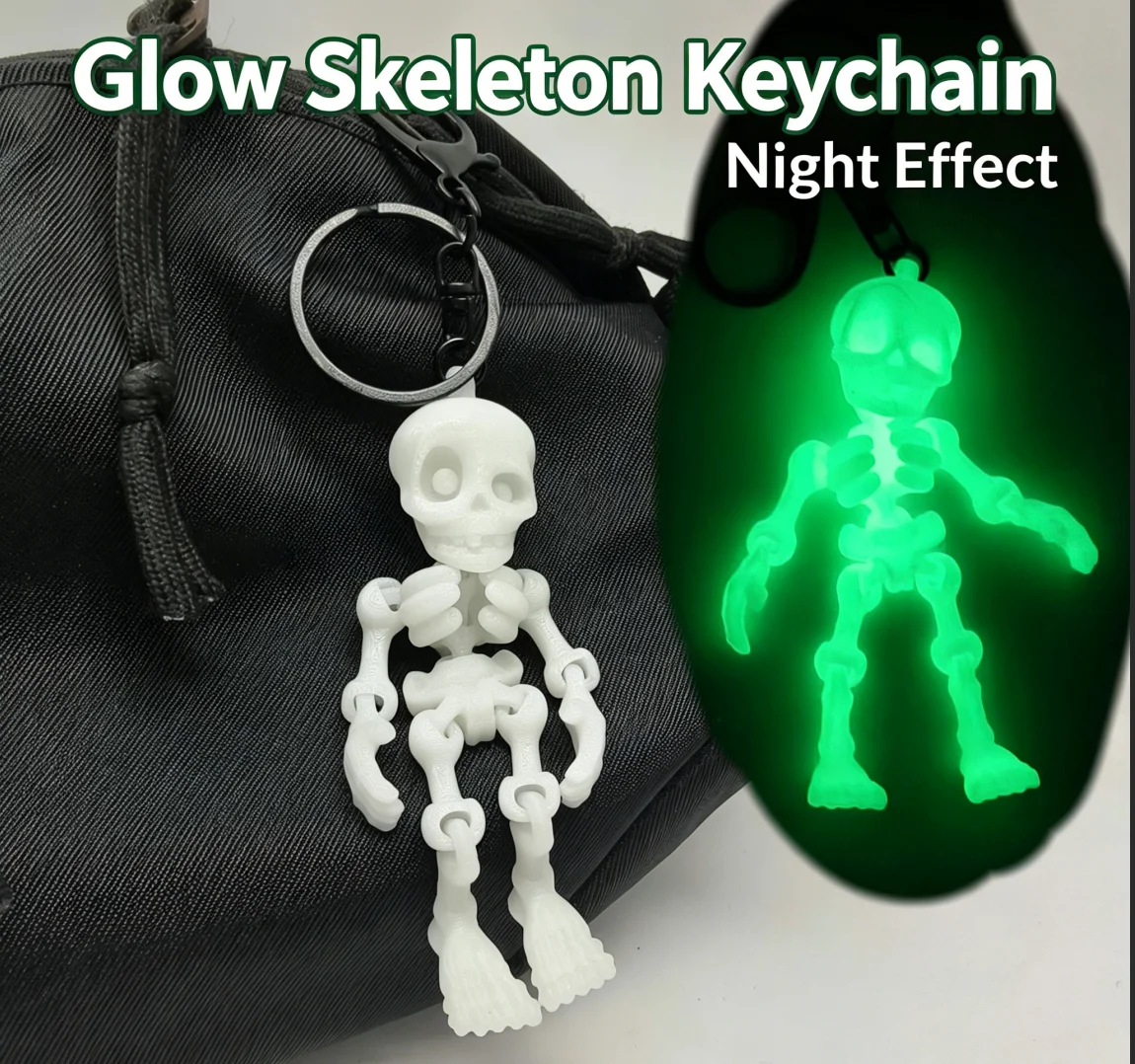 3D Printed Glow in Dark Articulated Skeleton Keychain, Mini Movable Joints Fidget Toy for Purse Car Bag Accessories
