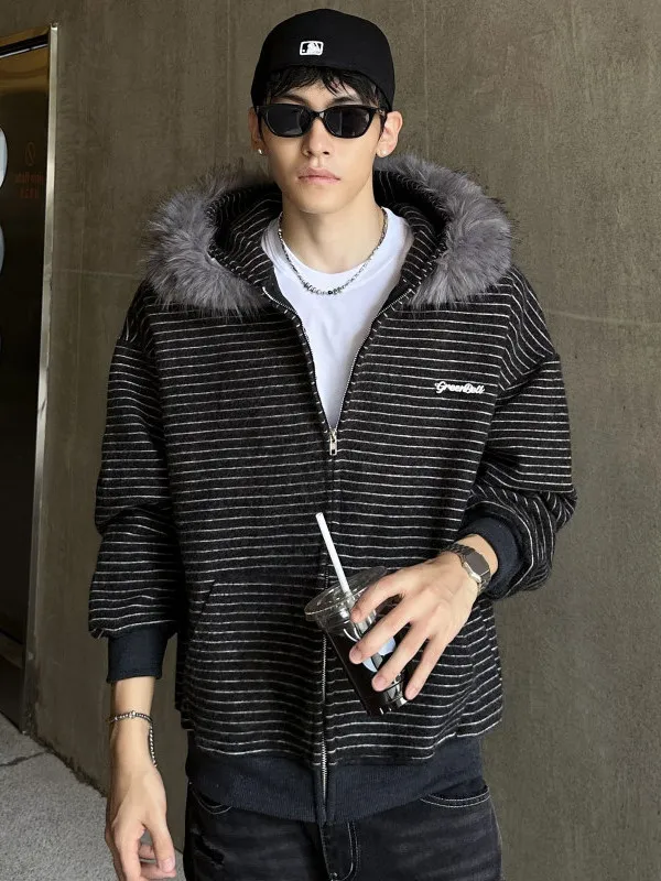 

Ретро-кардиган в американском стиле с меховым воротником в полоску, свободный повседневный дизайн, для мужчин и женщин