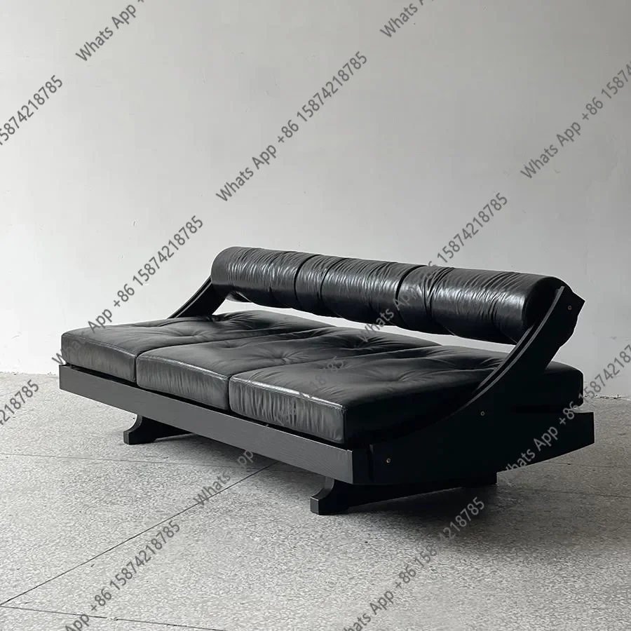 N67 Light luxury  multi-person solid wood three-person sofa bed Italian minimalist retro leather sofa modern minimalist design
