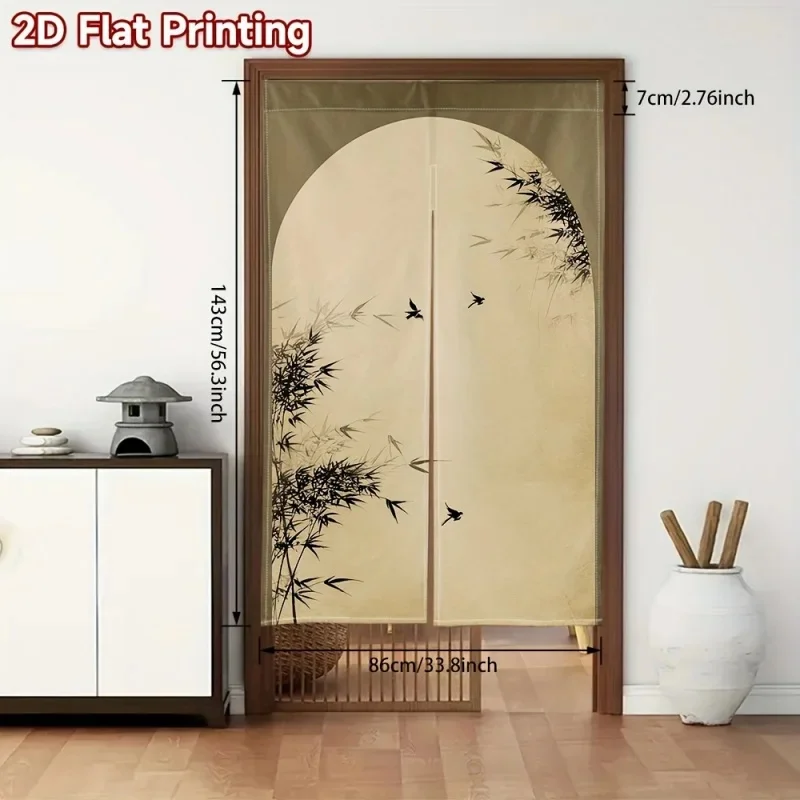 VIKAMA Chinese Ink Bamboo Noren Door Curtain Ink Wash Bird Print Fabric Partition Curtain for Zen Home Study Decor
