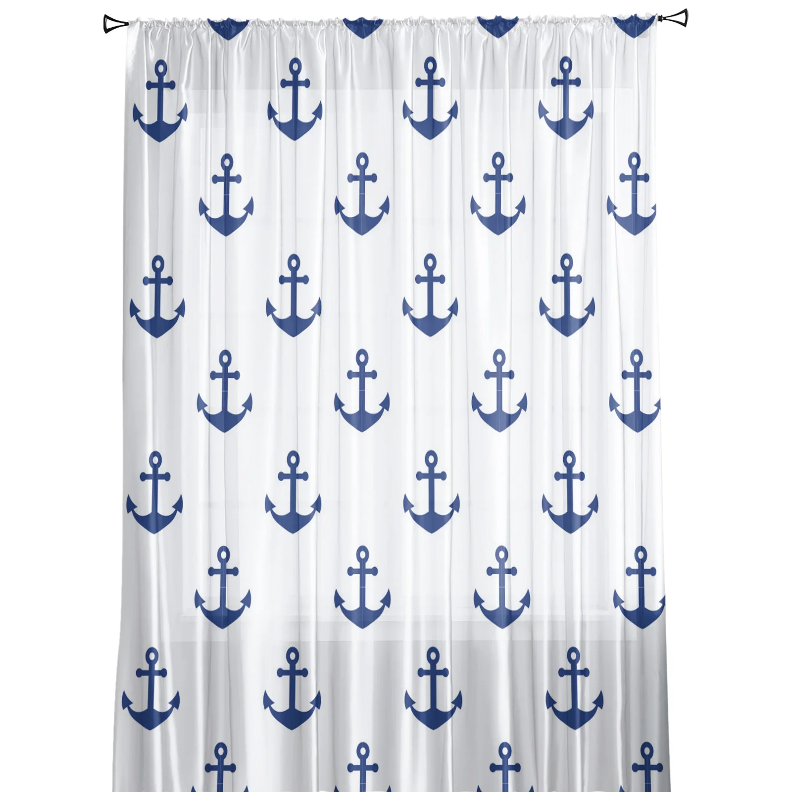 Anchor Blue Repeating Retro Sheer Curtain for Living Room Bedroom Voile Drape Kitchen Window Tulle Curtains Home Essentials