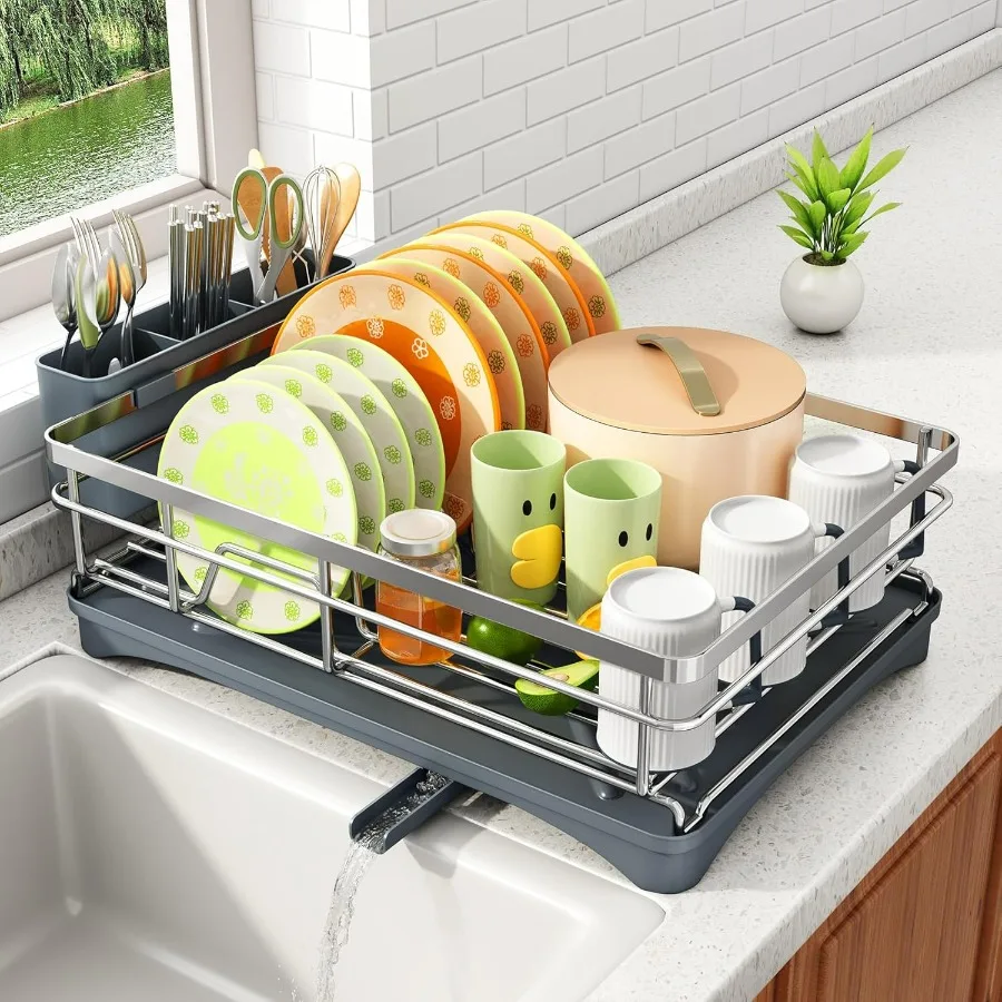 

Dish Drying Rack - Stainless Steel Dish Rack for Kitchen Counter, Large-Capacity Dish Drainer with Cutlery Holder, Kitchen Organ