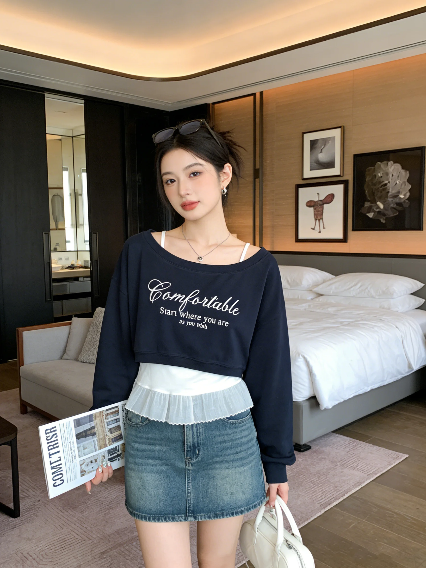 

Korean Sle Retro College Faion Layered Set Letter Print round Ne Sweatirt Strap Vest Early Spring Youthful