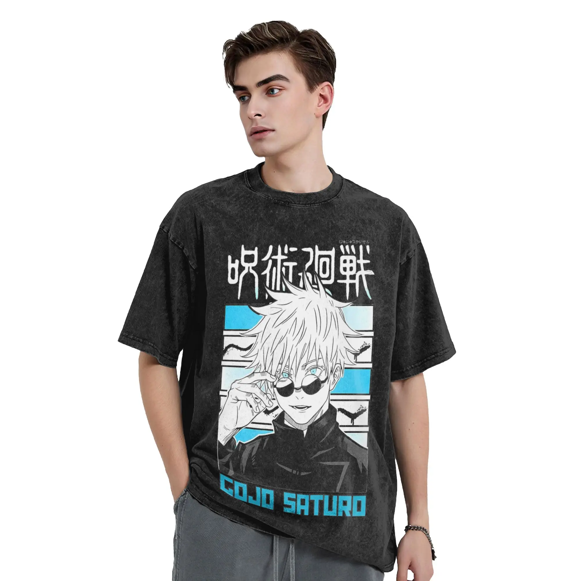 

Футболки с эффектом потертости в стиле японского аниме Jujutsu Kaisen, Harajuku Gojo Satoru, уличная одежда, хлопковые топы с принтом для мужчин и женщин