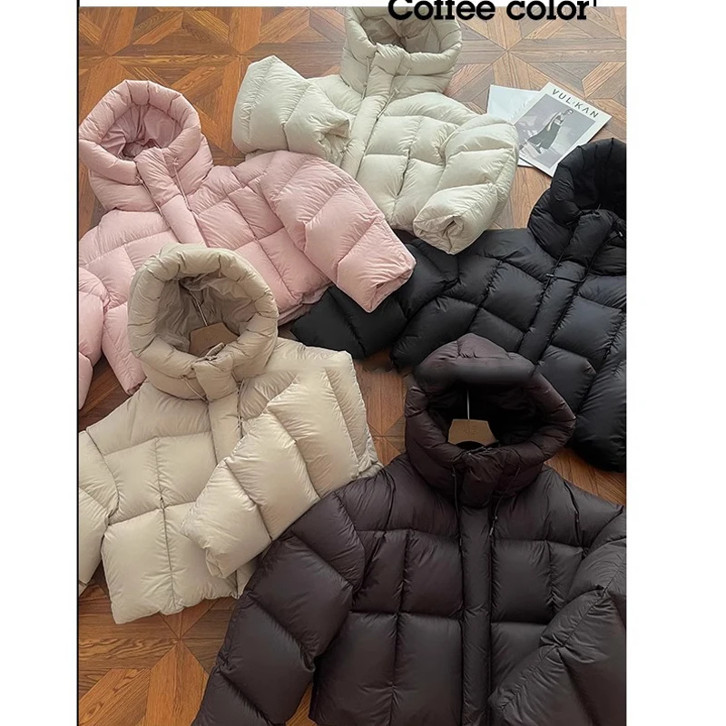 FIGOHR Cropped Down Jacket for Women 2024 Winter New American Style Short Bread Jacket Female Outwear Coffee Hooded Coat