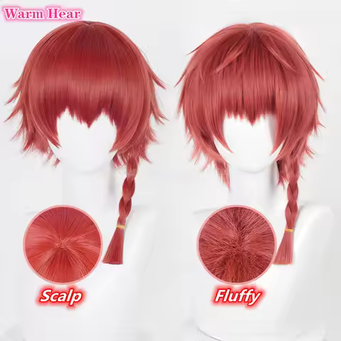 Kurona Ranze Synthetic Wig Anime Unisex Long 38cm Red Single Twist Braid Cosplay Wig Heat Resistant Cosplay Anime Wigs + Wig Cap