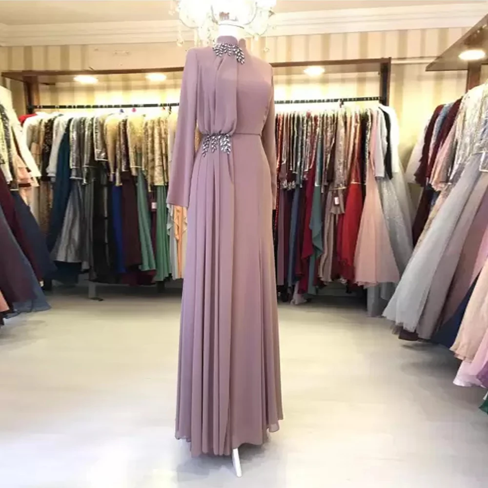 Vestidos de Noche formales para mujer, vestidos de fiesta con cuello alto y mangas completas, de gasa, largos hasta el suelo