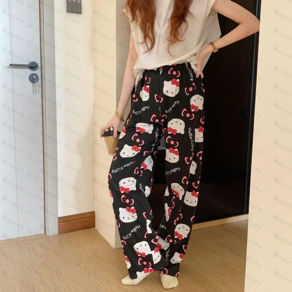 2026 سانريو مرحبا كيتي الحليب الحرير بيجامة المرأة فضفاضة النسخة الكورية الربيع الصيف المنزل عادية بنطلون بيجاما ملابس خارجية السراويل الطويلة #2