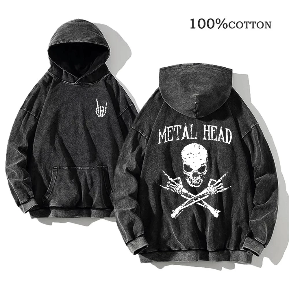 Men's Trendy Skull Print Washed Hoodie Autumn And Winter Pure Cotton Fashionable Commuter Fitness Top Street Retro Sweatshirt