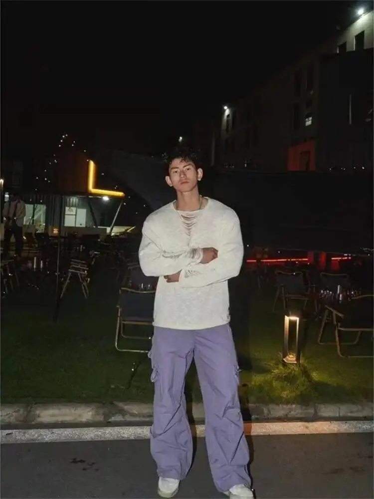 Autumn Winter Men's Knitting Sweater Thin Hollow Out Knit Sweater Deep V Neck Pullover Alluring Destructive Design Upper Garment