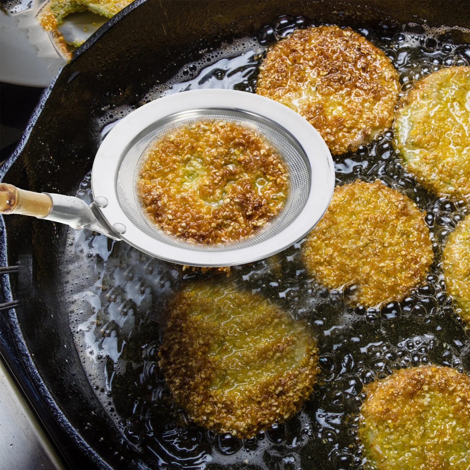 

Stainless Steel Kitchen Colander Food Strainer Bamboo Handle Mesh Design Non-Slip Healthy Cooking Tool