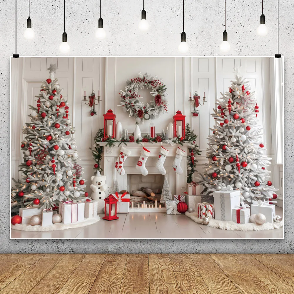 Christmas Party Backdrops for Photography Fireplace Xmas Tree Gift Family Baby Portrait Backgrounds Decor Photo Studio Shoots