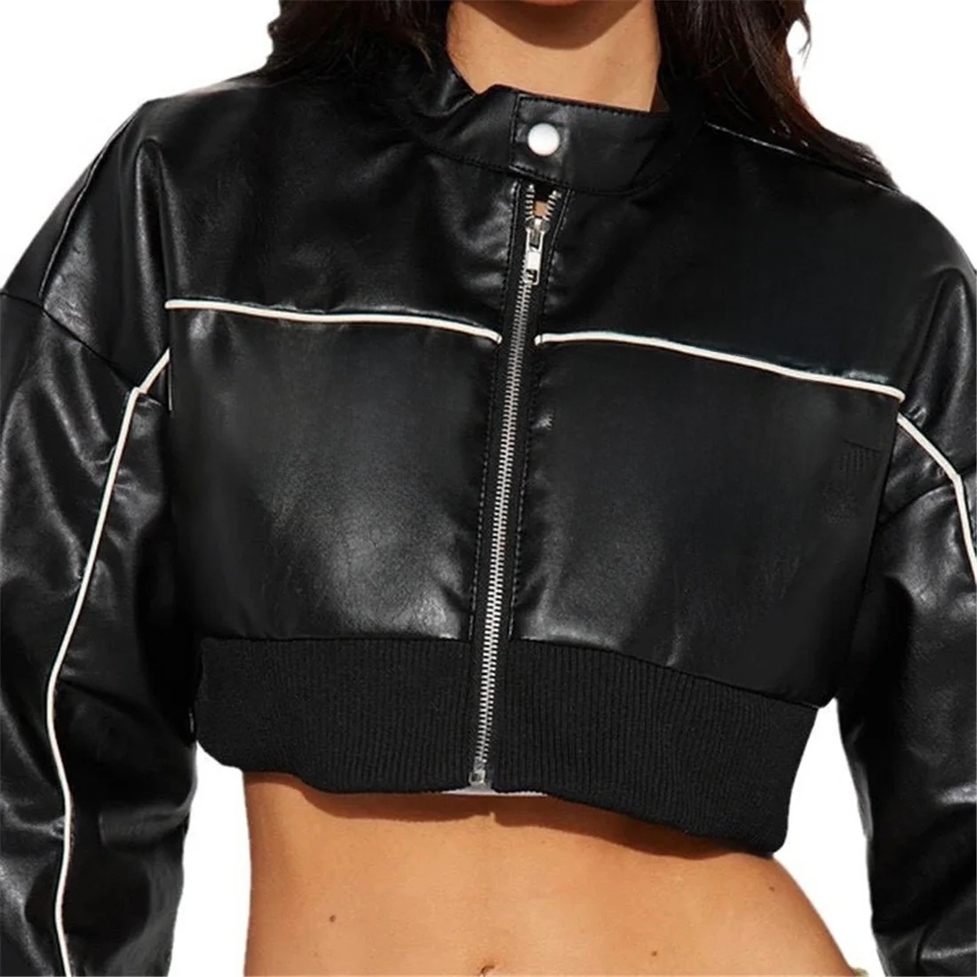 Moda impressa retalhos feminino fino ajuste curto jaqueta de couro com zíper casaco outono novo estilo europeu e americano