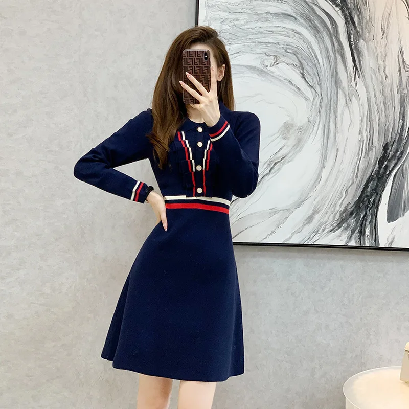 #0983 Navy Blue Sweater Dress Women Polo Collar Buttons Office Knitwear Mini Dress Female Slim Sexy A-line Short Knitted Autumn