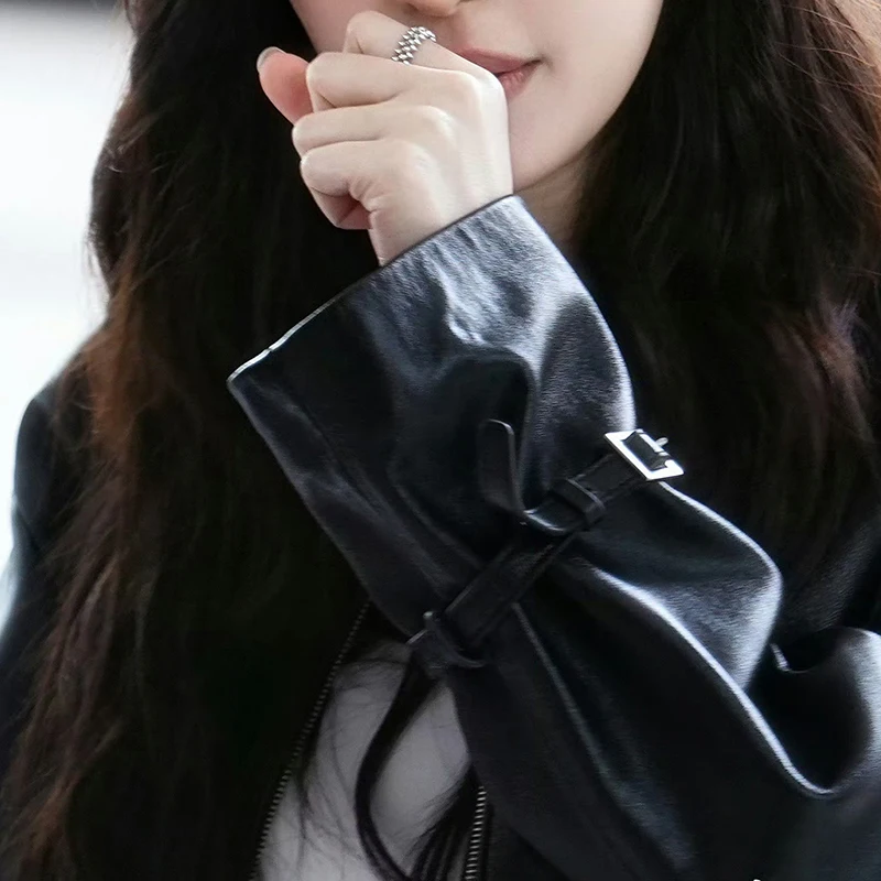 高品質レディース服オイルワックスシープスキンコートジッパー袖タブゆったりカジュアルスタイル新作アウターウェア本革ジャケット