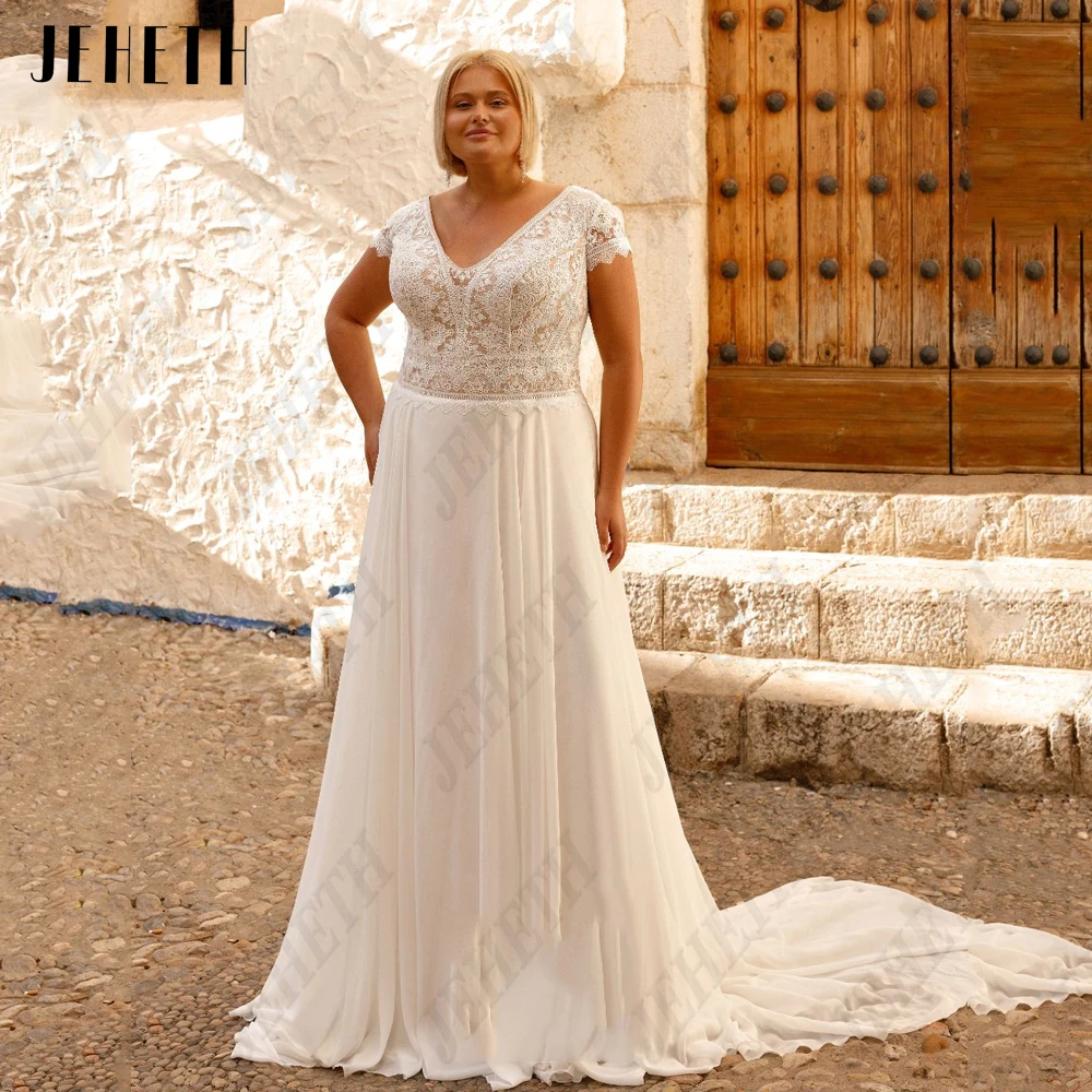 JEHETH Classic Wedding Dresses Short Sleeves Plus Size Double V-Neck Bride Gowns Chiffon A-Line Applique vestidos de novia