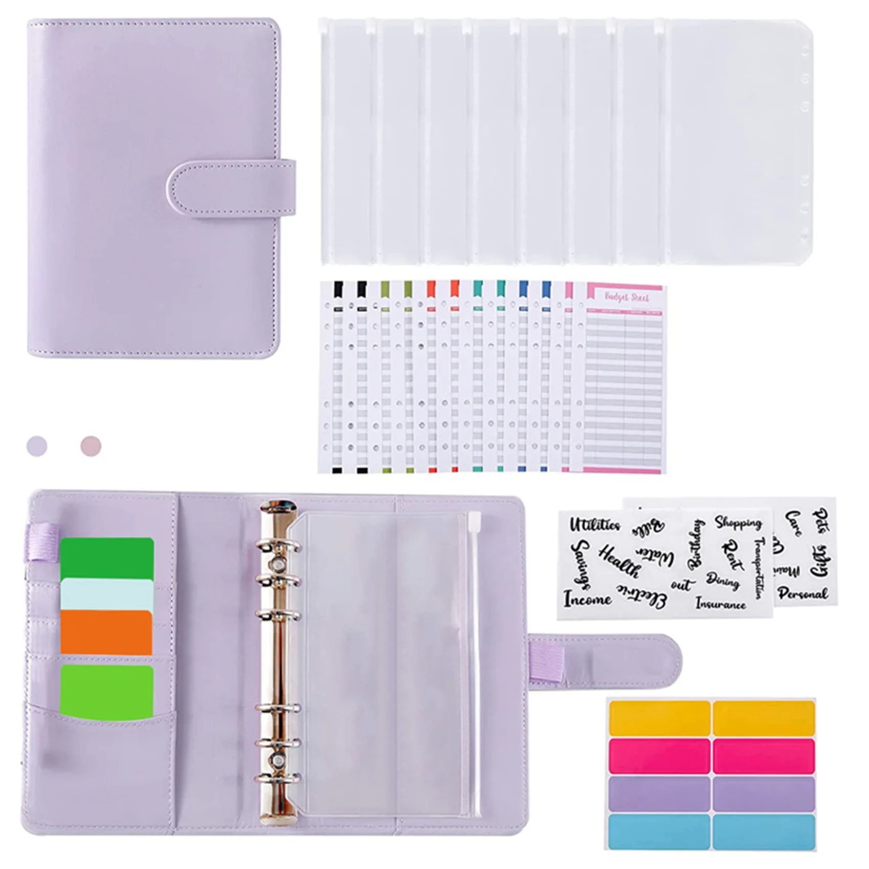 A6 PU Leather Binder Budget Envelope, Plan Organizer Set, Expense Budget Sheet and Envelope (Purple)