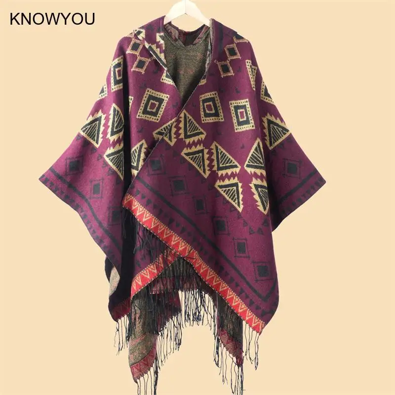 Ethnic Style Women's Hoodedcloak Slit Shaped Cape Travel Jacket Warmth Artificial Cashmere Poncho Men Coat Blanket Outerwear