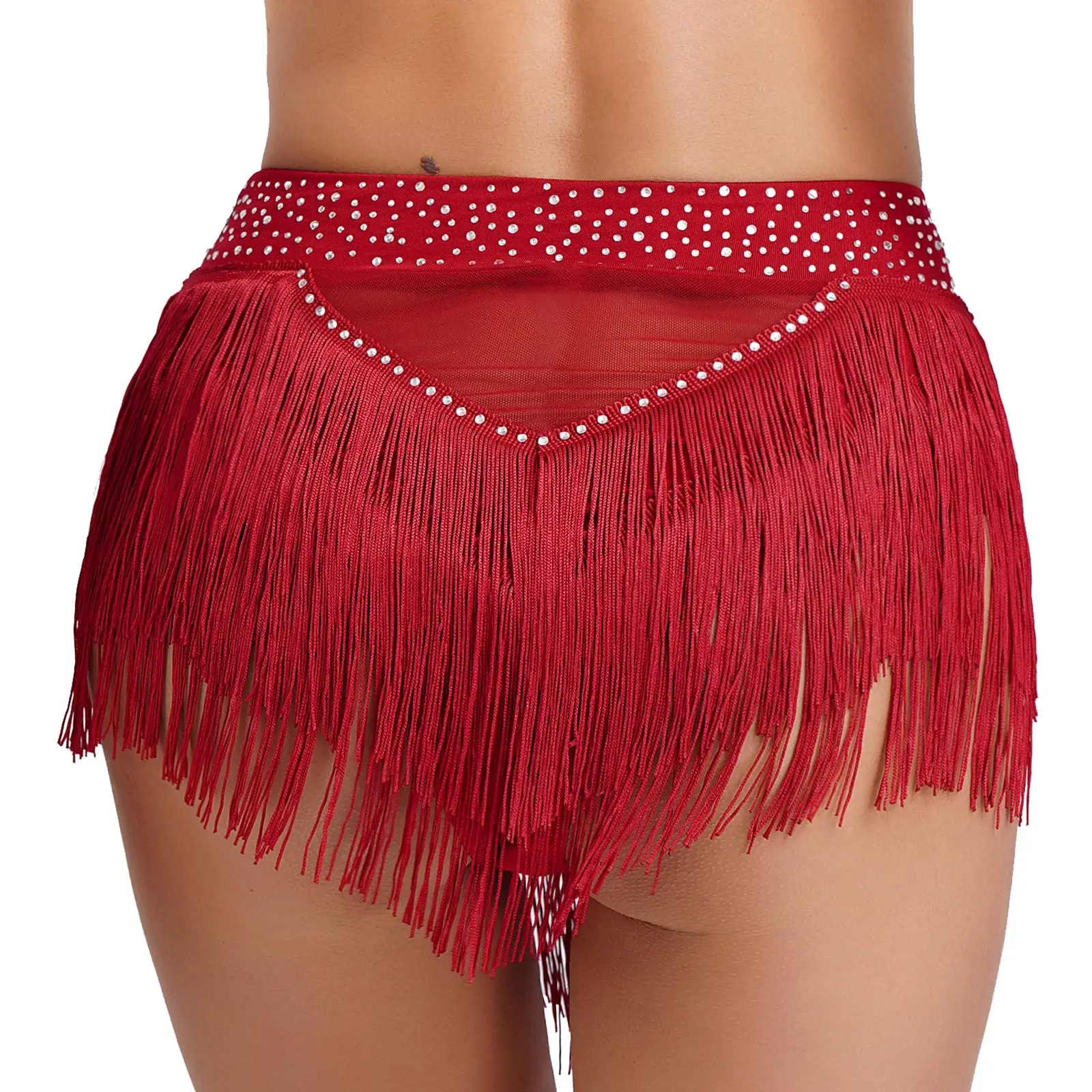 Womens Latin Belly Dance Skirt Shorts Bottoms 2024 New Shiny Rhinestone Tassel See Through Mesh Briefs Underwear Samba Dancewear